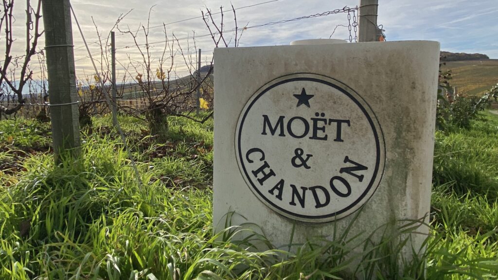 Moët & Chandon sign in the vineyards near Épernay in the Champagne region of France