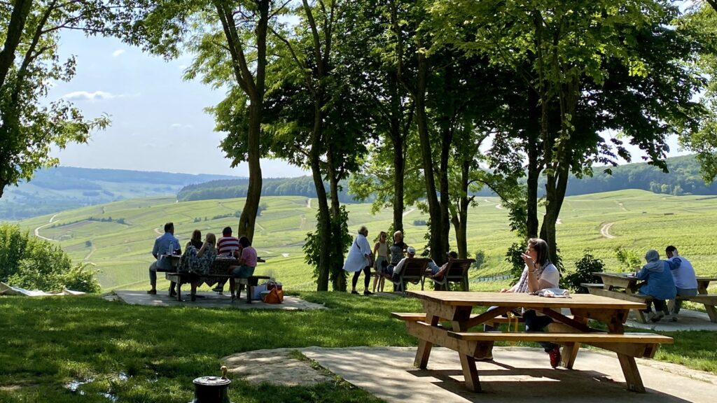 Visitors enjoying vineyard views from a scenic viewpoint near Hautvillers in the Champagne region